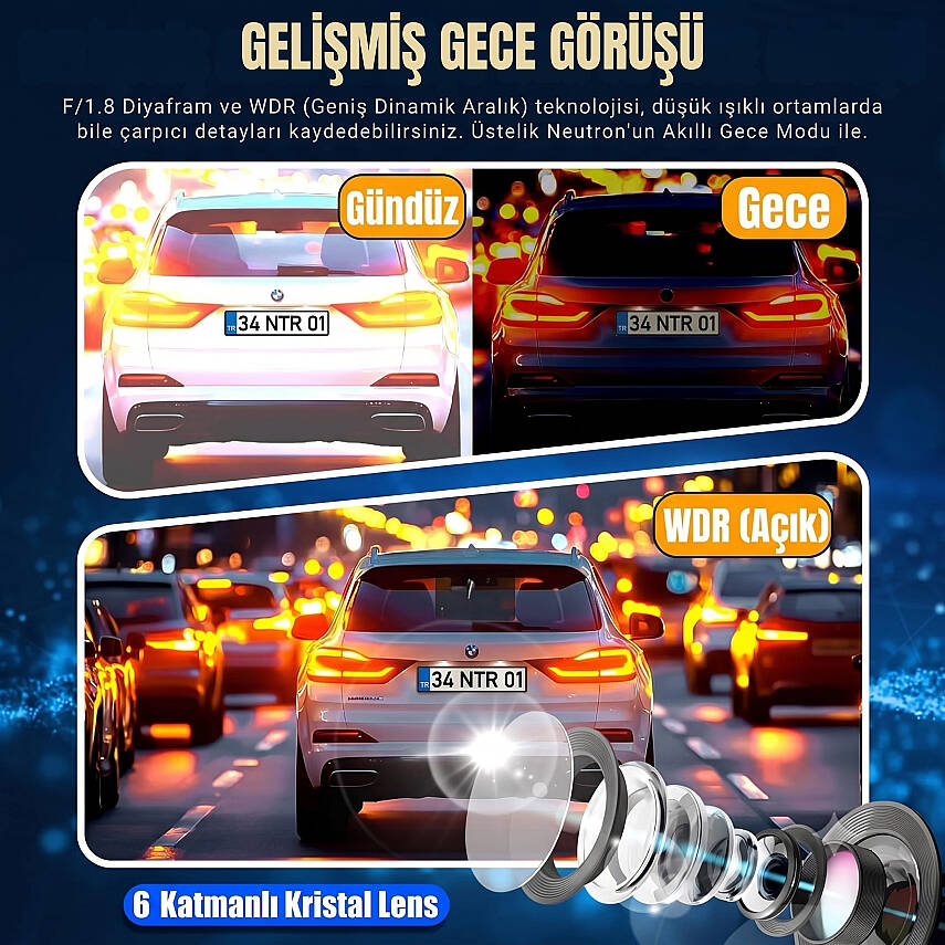 Neutron NTL-CC-02G-4K Çift Kameralı 4K Araç Kamerası, Wi-Fi ve Mobil Uygulama Destekli - 4