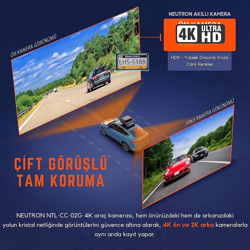 Neutron NTL-CC-02G-4K Çift Kameralı 4K Araç Kamerası, Wi-Fi ve Mobil Uygulama Destekli - 3