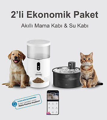 NEUTRON Akıllı Otomatik Evcil Hayvan Mama Kabı ve ŞARJLI KABLOSUZ Led Işıklı Çelik Su Kabı İkili Ekonomik Set - 1