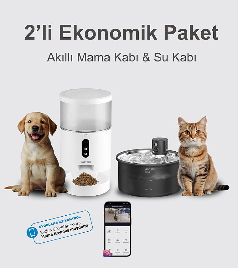NEUTRON Akıllı Otomatik Evcil Hayvan Mama Kabı ve ŞARJLI KABLOSUZ Led Işıklı Çelik Su Kabı İkili Ekonomik Set - 1