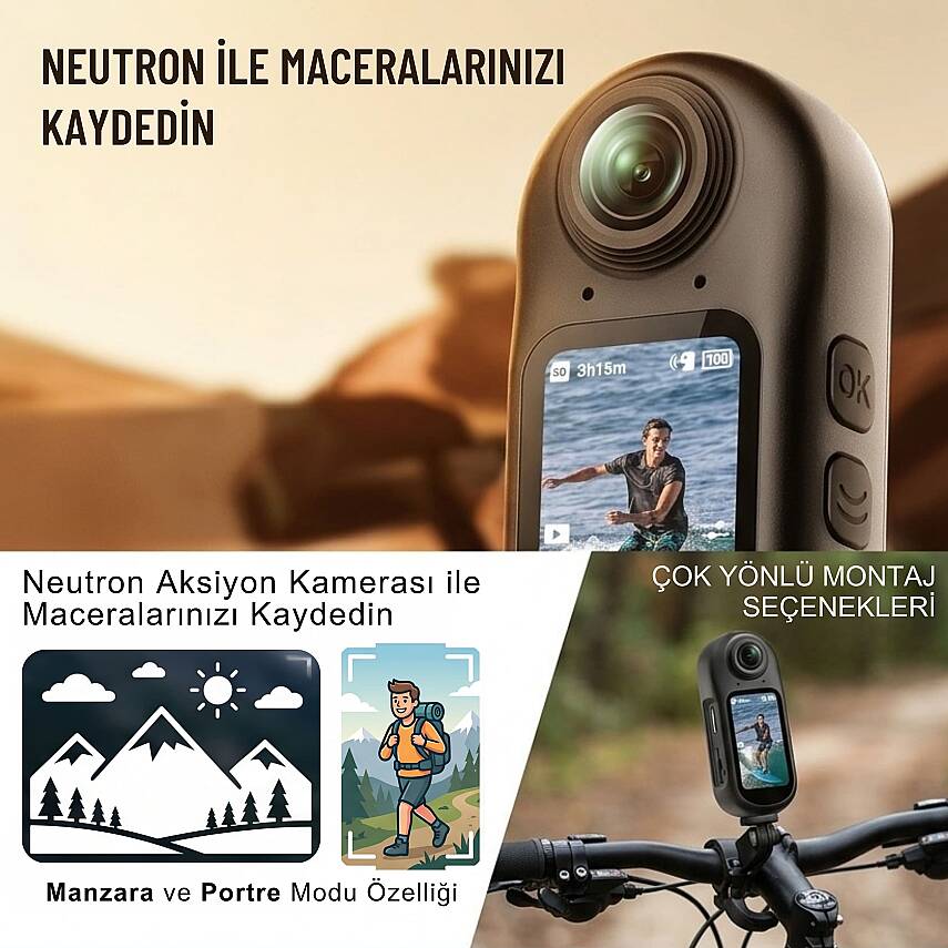 Neutron NTL-AC-01MD4K Mini Aksiyon Kamerası, 4K Görüntü Kalitesi, Titreşim Önleyicili - 2