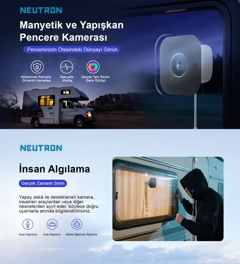 Neutron NTL-IP15GS-3MP Manyetik Yapışkanlı 3MP Kablosuz Pencere Kamerası, Karavan Kamerası - 2