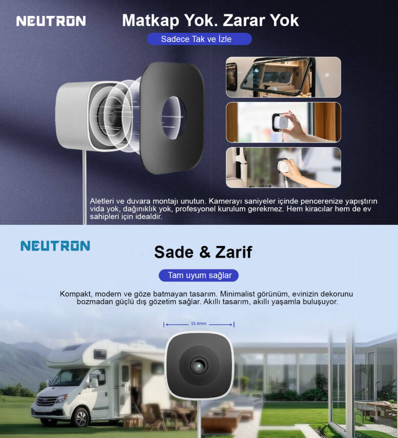 Neutron NTL-IP15GS-3MP Manyetik Yapışkanlı 3MP Kablosuz Pencere Kamerası, Karavan Kamerası - 3