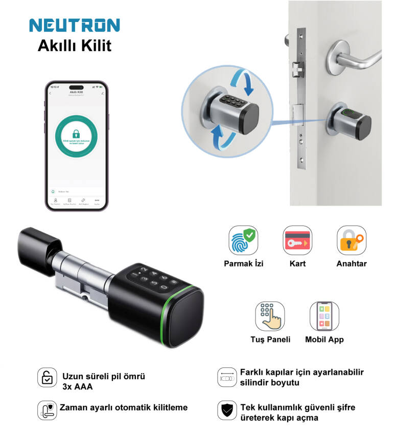 Neutron NTL-SC-02FKPB Akıllı Kapı Kilidi Siyah, Parmak izi, Anahtar, Kart, Şifre - 1