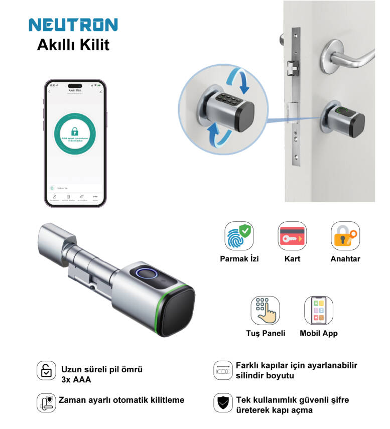 Neutron NTL-SC-02FKPW Akıllı Kapı Kilidi Gri, Parmak izi, Anahtar, Kart, Şifre