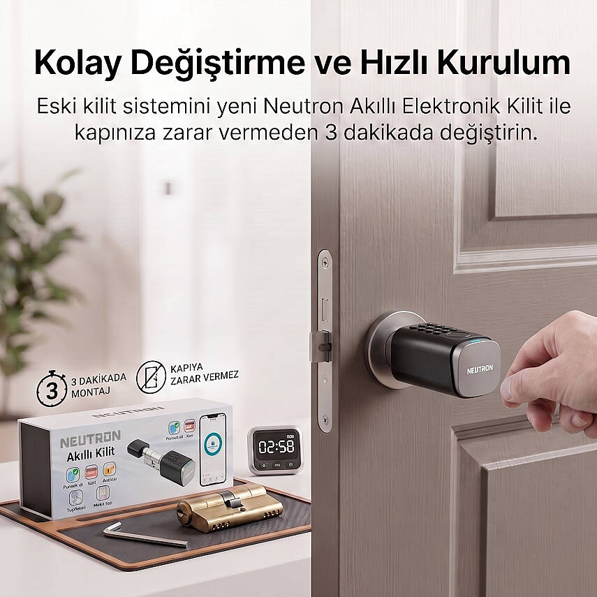 Neutron NTL-SC-09FKPB Akıllı Kapı Kilidi, Parmak İzi, Şifre Kombinasyonu, Akıllı Kart, Fiziksel Anahtar ve Mobil Uygulama - 5