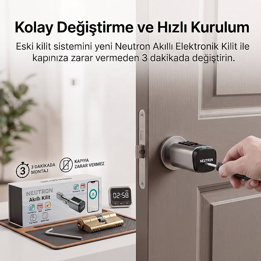 Neutron NTL-SC-09FKPW Akıllı Kapı Kilidi, Parmak İzi, Şifre Kombinasyonu, Akıllı Kart, Fiziksel Anahtar ve Mobil Uygulama - 5